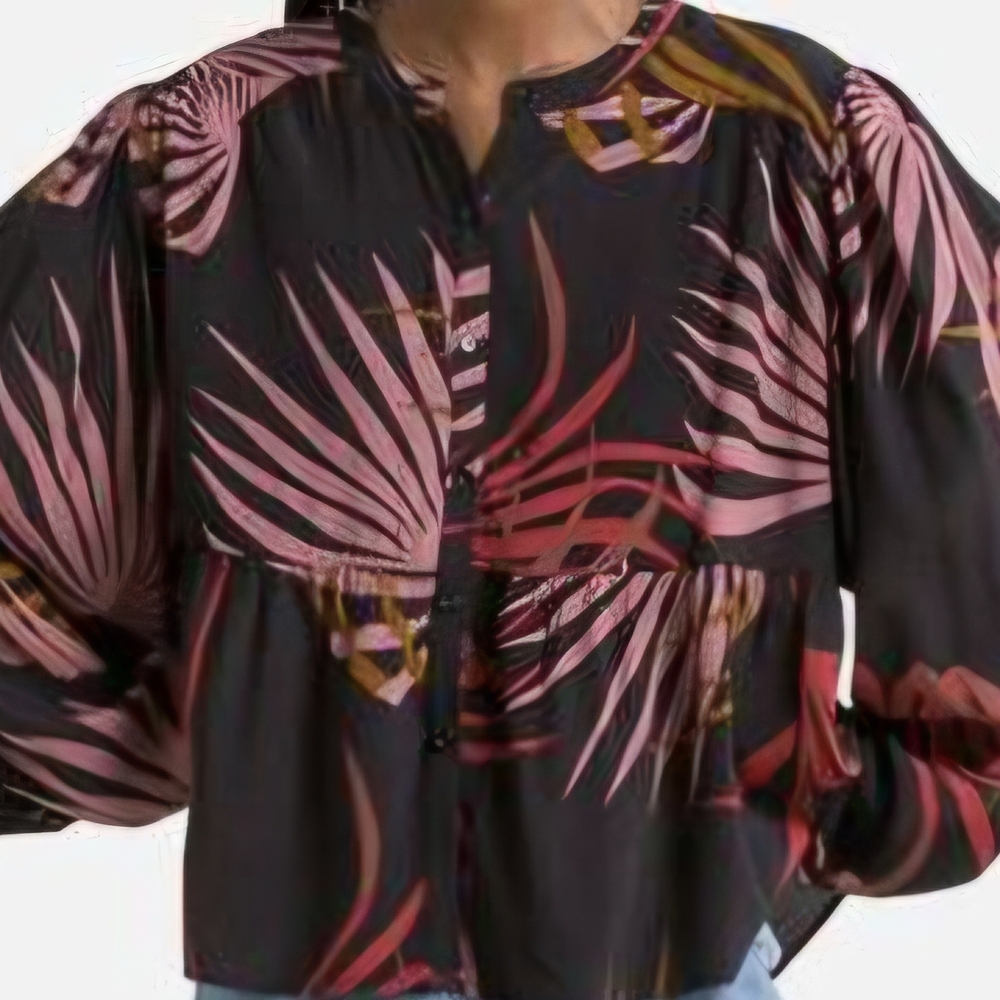 Tropical Print Button-Up Blouse